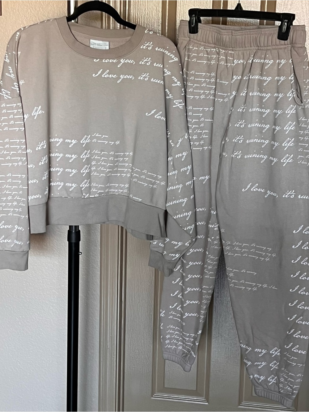 Taylor Swift Women’s Cozy Taupe Script Lounge Set - Crop Sweatshirt & Sweatpant